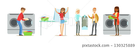 Dry Cleaning and Laundry Service with People Character Vector Set 130325889