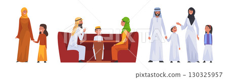 Arabic Family with Parent and Kid in National Clothes Vector Set 130325957
