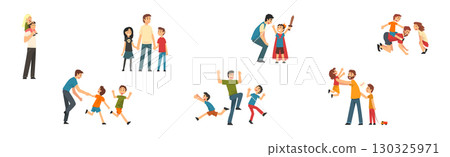 Man Father Spending Time with Little Daughter and Son Vector Set 130325971