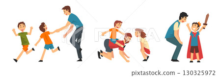 Man Father Spending Time with Little Daughter and Son Vector Set 130325972
