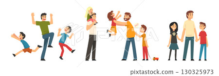 Man Father Spending Time with Little Daughter and Son Vector Set 130325973