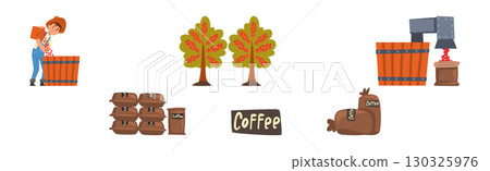 Coffee Production with Man Farmer Harvest Vector Set Coffee Production with Man Farmer Harvest Vector Set 130325976