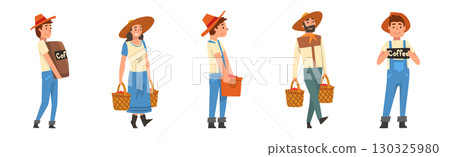 Coffee Production with Man and Woman Farmer Harvest Vector Set 130325980