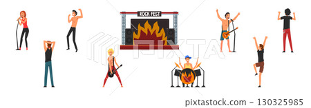 Man and Woman Artist and Rock Musician on Stage Vector Set 130325985