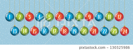 advent calendar with colorful hanging christmas balls on snowy background vector illustration 130325986