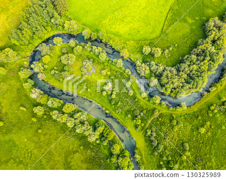 A winding river flows through a vibrant green valley in the Alps, showcasing the serene beauty of the landscape. 130325989