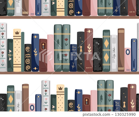 Standing cartoon vintage books seamless pattern. Bookshelves background. Vector illustration. Standing cartoon vintage books seamless pattern. Bookshelves background. Vector illustration. 130325990