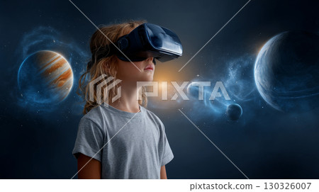 Child using virtual reality headset for metaverse, child looking into VR glasses. Little girl boy with futuristic glasses having fun, teenager playing video games. Technology, simulator, oculus future 130326007