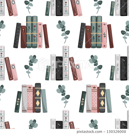 Standing vintage books and eucalyptus seamless pattern. Vector illustration background 130326008