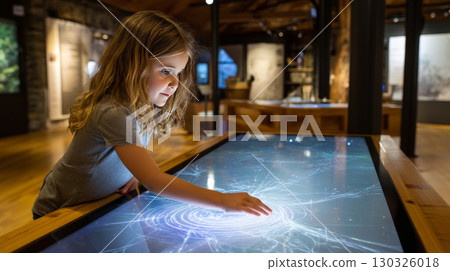 Child using virtual reality headset for metaverse, child looking into VR glasses. Little girl boy with futuristic glasses having fun, teenager playing video games. Technology, simulator, oculus future 130326018