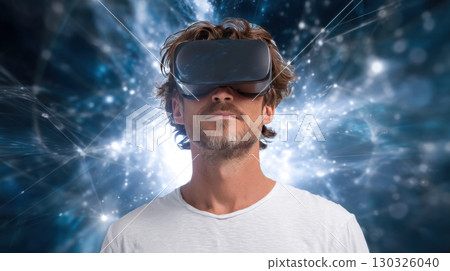 Cheerful young man in VR headset playing online game in virtual reality, driving imaginary car in neon light. millennial man using car simulator in cyberspace, collage 130326040