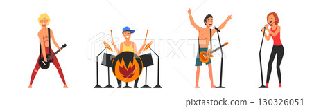 Man and Woman Artist and Rock Musician on Stage Vector Set 130326051