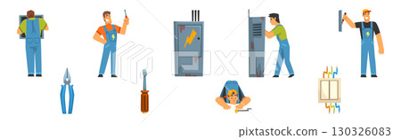 Man Electrician Character Provide Service Fixing Light Vector Set 130326083