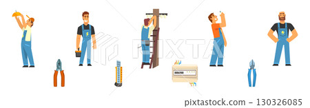 Man Electrician Character Provide Service Fixing Light Vector Set Man Electrician Character Provide Service Fixing Light Vector Set 130326085