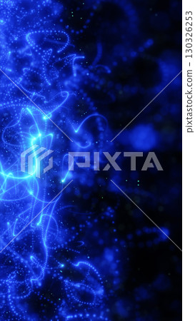 Glowing neon blue particles forming swirling abstract trails on a dark background Glowing neon blue particles forming swirling abstract trails on a dark background 130326253