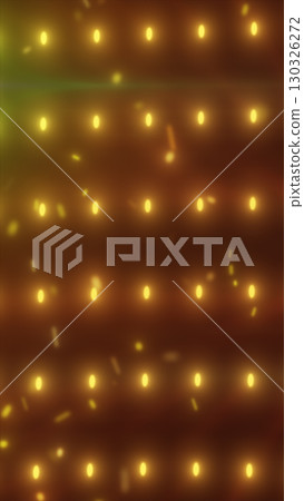 Warm glowing grid of golden lights with soft bokeh and flying particles on dark background 130326272