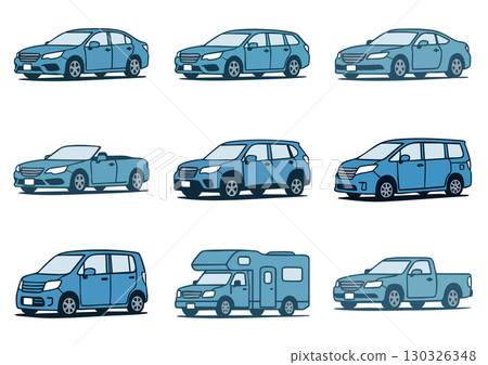 Illustration set of various car models, passenger cars, light cars, SUVs, compact cars Illustration set of various car models, passenger cars, light cars, SUVs, compact cars 130326348
