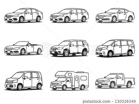 各種車型的單色插圖集用於著色:乘用車、輕型車、 SUV、緊湊型車 各種車型的單色插圖集用於著色:乘用車、輕型車、 SUV、緊湊型車 130326349