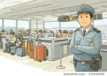 機場登機口附近,一名身著制服的保全人員站崗 機場登機口附近,一名身著制服的保全人員站崗 130326490