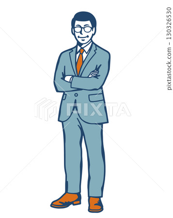 A confident businessman in a suit with glasses smiling and folding his arms A confident businessman in a suit with glasses smiling and folding his arms 130326530