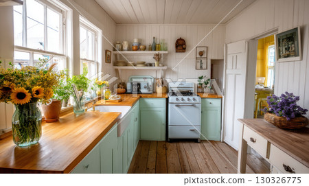 Interior of a modern kitchen with a dining table, chairs, white countertops and a lamp. Concept of buying a new home, an apartment or a house, housewarming and renovation 130326775