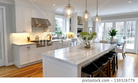 Interior of a modern kitchen with a dining table, chairs, white countertops and a lamp. Concept of buying a new home, an apartment or a house, housewarming and renovation 130326779