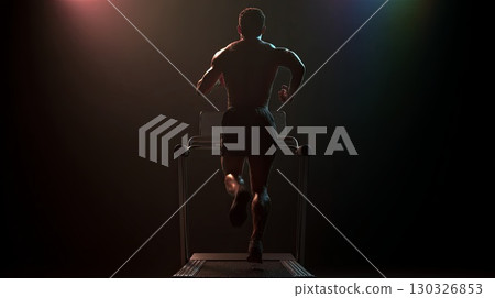 Athletic male running on treadmill in dark gym with dramatic lighting Athletic male running on treadmill in dark gym with dramatic lighting 130326853