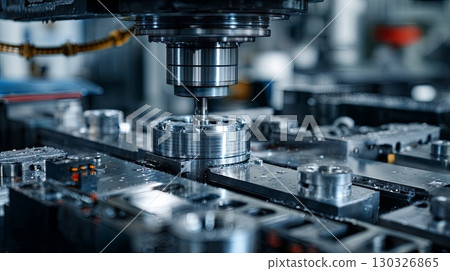 Metalworking cnc milling machine creating metal detail on factory 130326865