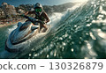 Pilot riding jet ski on ocean wave near beach 130326879