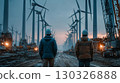 Engineers observing wind turbine operation at dusk in a wind farm 130326888