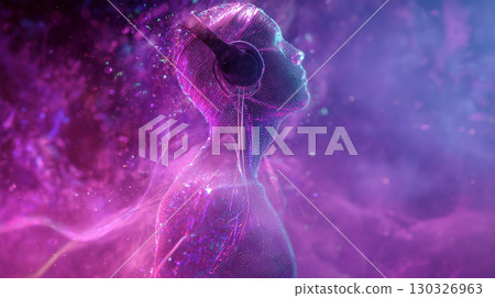 A fantastical holographic being glowing purple 130326963