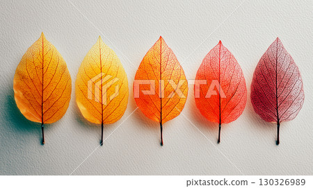 A simple background composition of autumn-colored leaves arranged in a horizontal row 130326989