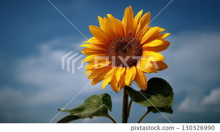 A frontal photo of a single sunflower with a blue sky in the background 130326990
