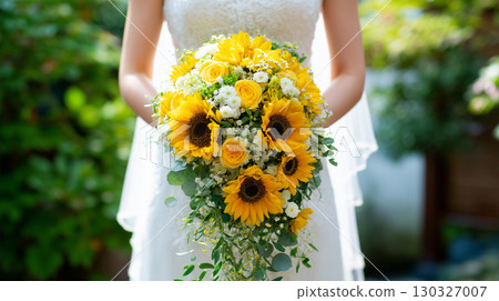 The bride gently holds a bouquet of sunflowers in front of her chest 130327007