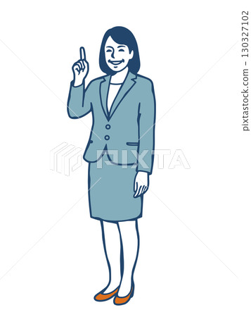 A female business person in a suit smiling and pointing her finger up 130327102