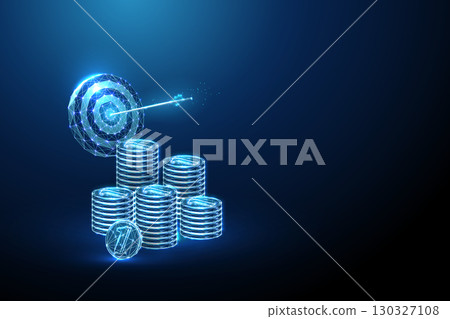 Stacks of coins, darts target with an arrow in the center. Investment success, wealth management, precision, accuracy, economic planning concept. 130327108
