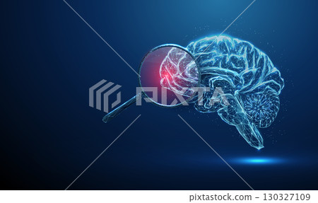 Brain with a magnifying glass and red spot inside. Brain lesion detection, neurological disease diagnosis, neuroimaging research, health monitoring concept. 130327109
