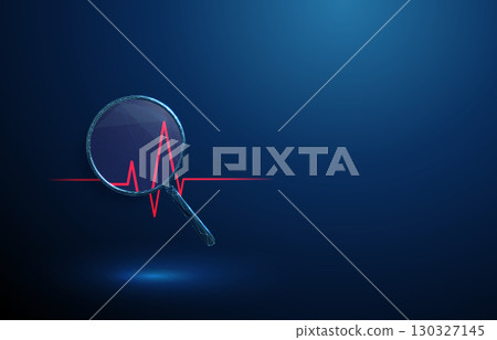 3d red heartbeat line under magnifying glass. Cardiac monitoring, heart rhythm analysis, arrhythmia detection, medical diagnostics concept. 3d red heartbeat line under magnifying glass. Cardiac monitoring, heart rhythm analysis, arrhythmia detection, medical diagnostics concept. 130327145