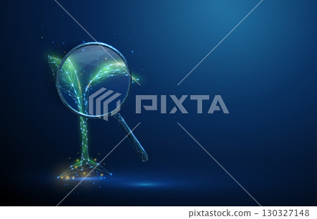 Seedling under a magnifying glass. Growth analysis, sustainability, plant monitoring, environmental protection, biotechnology, eco diagnostics concept. Seedling under a magnifying glass. Growth analysis, sustainability, plant monitoring, environmental protection, biotechnology, eco diagnostics concept. 130327148
