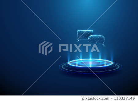 3d speech bubbles on futuristic podium. Communication, messaging, discussion, interaction, information exchange, collaboration, brainstorming, online chat concept. 130327149