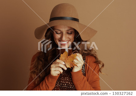 Smiling Woman, Warm Mug, Fall Leaf 130327162