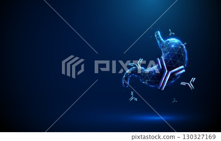 Human stomach with floating antibodies Autoimmune gastritis, Helicobacter pylori infection, vaccine prevention, antibody therapy, immunomodulation, biotechnology concept. 130327169