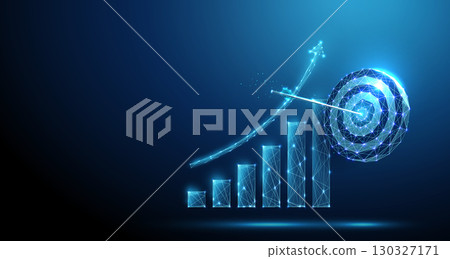 Increasing chart and target with arrow in the center. Growth target achievement, business strategy, investment success, profit increase concept. 130327171