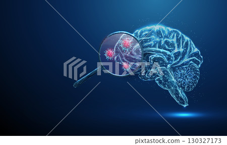3d brain with magnifying glass and red viruses inside Viral brain infection, targeted antiviral therapy, precision medicine, immunotherapy concept 130327173