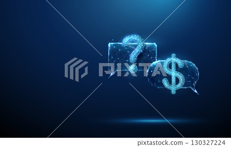 Blue futuristic chat bubbles with question mark and dollar sign. AI-powered chatbots, automated customer support, real-time response systems, intelligent assistance concept. Blue futuristic chat bubbles with question mark and dollar sign. AI-powered chatbots, automated customer support, real-time response systems, intelligent assistance concept. 130327224