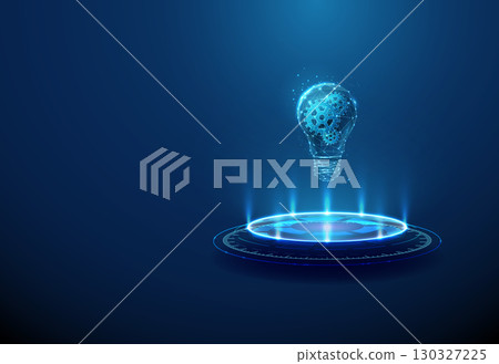 Light bulb with gears inside on futuristic podium. Innovation, artificial intelligence technologies and smart technology concept. Wireframe low poly style Light bulb with gears inside on futuristic podium. Innovation, artificial intelligence technologies and smart technology concept. Wireframe low poly style 130327225