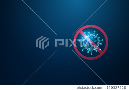 Blue virus inside a prohibition sign. Virus prevention, antiviral protection, infection control, public health safety, disease restriction concept. 130327228