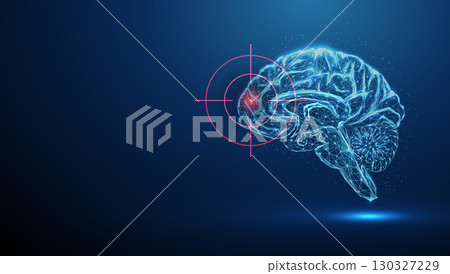 Abstract blue brains with target on frontal lobe. Brain disorders, medical treatment, targeted therapy, medical treatment, neuroscience concept. 130327229