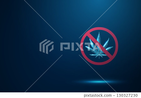 Abstract cannabis leaf inside a crossed-out sign. Concept of prohibition, drug control, legal restriction, public health, and safety. Low poly digital futuristic style 130327230