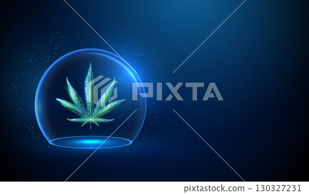 Abstract cannabis leaf under glass dome. Protection, quality control, medical research, legalization, biotechnology, medical concept. Futuristic low poly style. Abstract cannabis leaf under glass dome. Protection, quality control, medical research, legalization, biotechnology, medical concept. Futuristic low poly style. 130327231